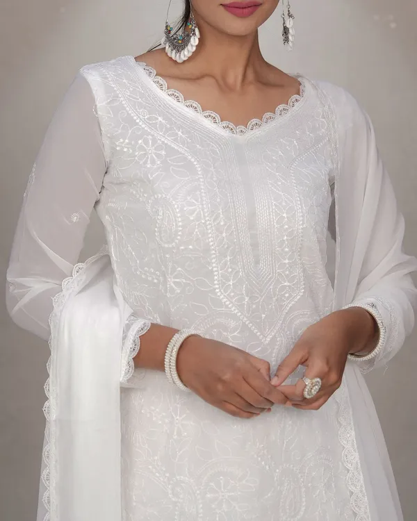 White_Georgette_Chikankari_Embroidery_Kurta_Palazzo_Set_For_Women