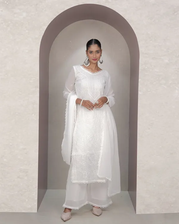 White_Georgette_Chikankari_Embroidery_Kurta_Palazzo_Set_For_Women