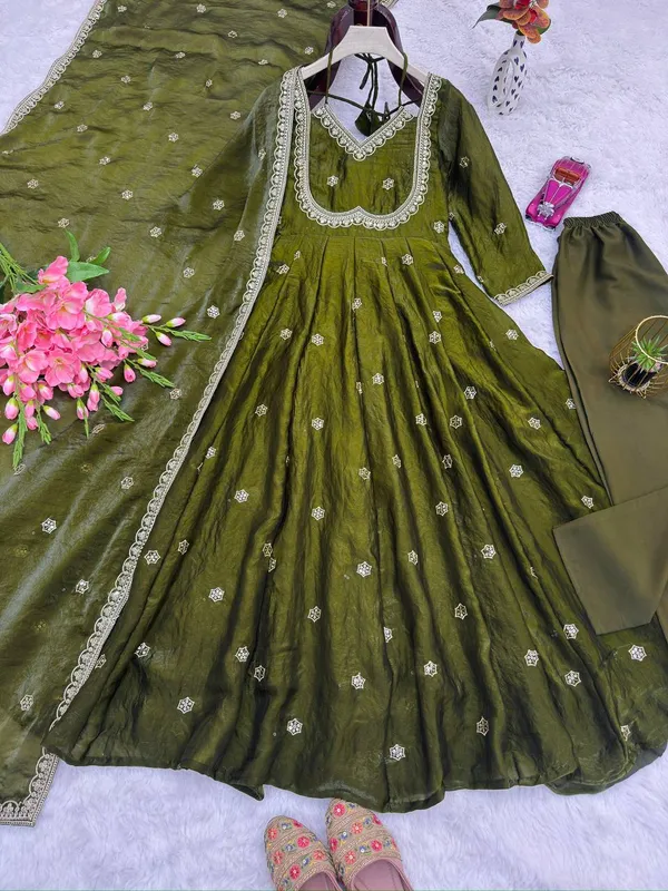 olive green anarkali dress VARNASHREE Suit Set with Dupatta | Festive & Wedding Wear for Women Price in India - Buy VARNASHREE Olive Green Anarkali Suit Set with Dupatta variation-ahana-beige-crepe-midi-dress