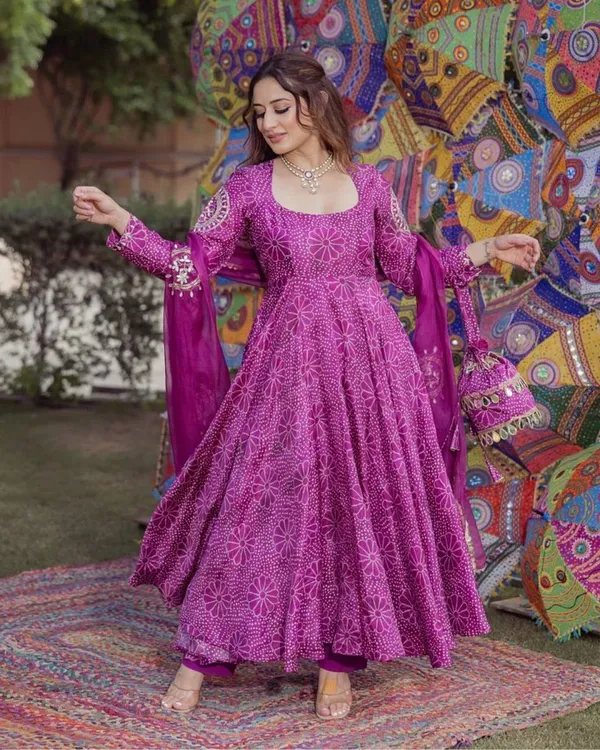 Magenta_Bandhej_Print_Anarkali_Kurta,_Bottom_&_Dupatta_Set_For_Women