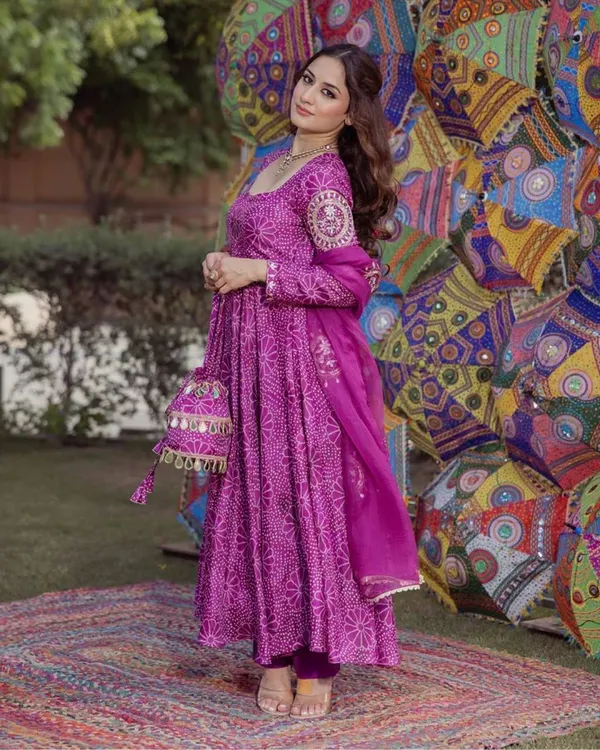 Magenta_Bandhej_Print_Anarkali_Kurta,_Bottom_&_Dupatta_Set_For_Women