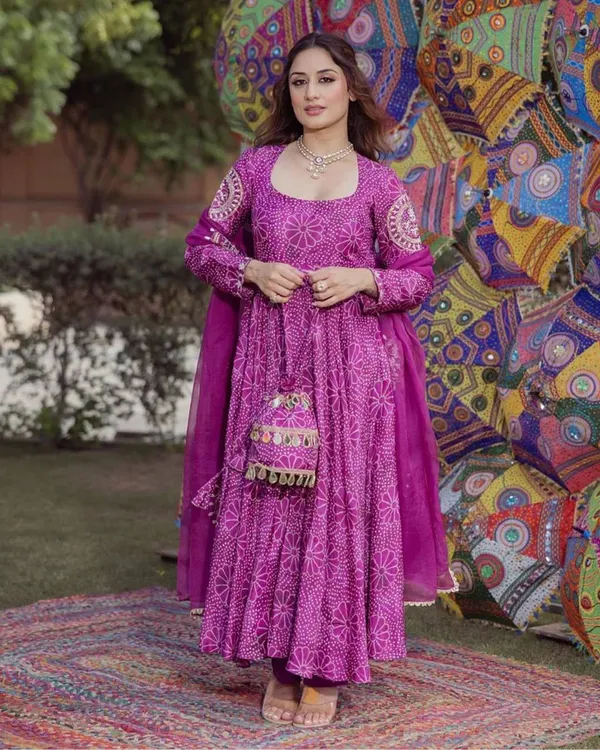 Magenta_Bandhej_Print_Anarkali_Kurta,_Bottom_&_Dupatta_Set_For_Women