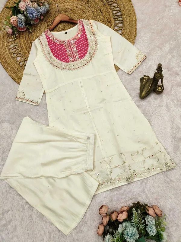 White_Art_Silk_Embroidered_Kurti_Palazzo_Set_For_Women