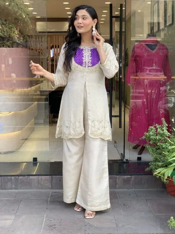 White_Art_Silk_Embroidered_Kurti_Palazzo_Set_For_Women