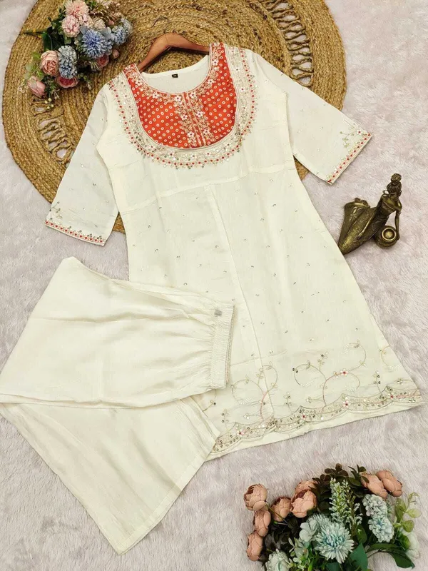White_Art_Silk_Embroidered_Kurti_Palazzo_Set_For_Women