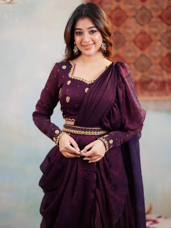 Plum_Purple_Partywear_Embellished_Draped_Saree_For_Women