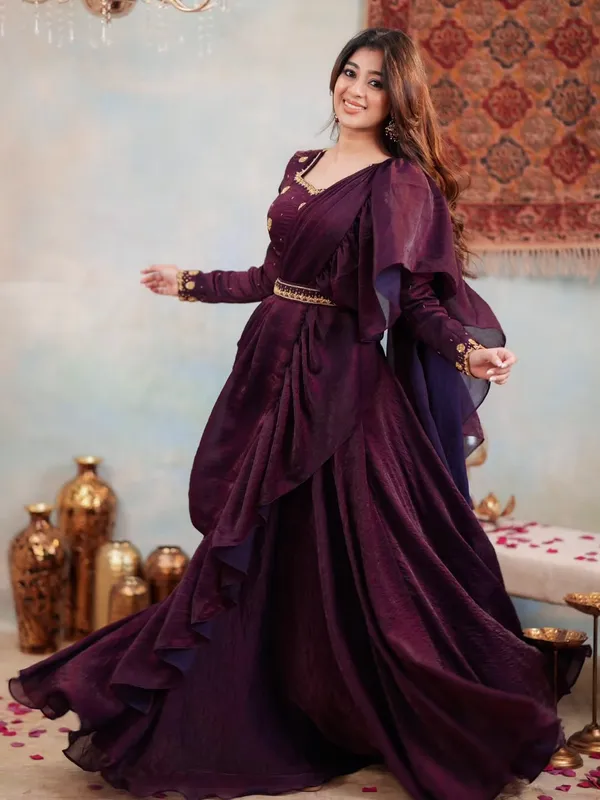 Plum_Purple_Partywear_Embellished_Draped_Saree_For_Women