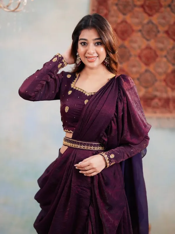 Plum_Purple_Partywear_Embellished_Draped_Saree_For_Women