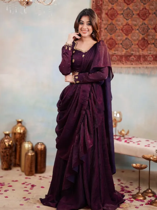 Plum_Purple_Partywear_Embellished_Draped_Saree_For_Women