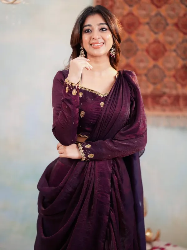 Plum_Purple_Partywear_Embellished_Draped_Saree_For_Women