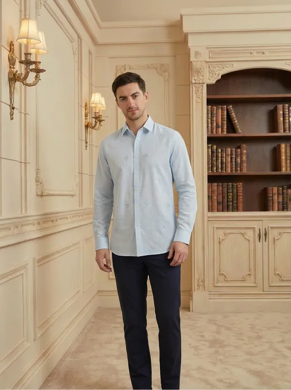 Light_Blue__Cotton_Self_Design_Shirt_For_Men