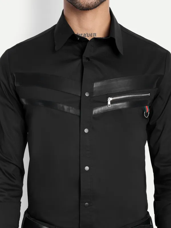 Pier_Seven_Black_Panelled_Shirt_with_Faux-Leather_&_Zipper_Detail__Cotton_Blend_Men's_Slim_Fit_Full_Sleeve_Shirt_-_Black_(PWC010)
