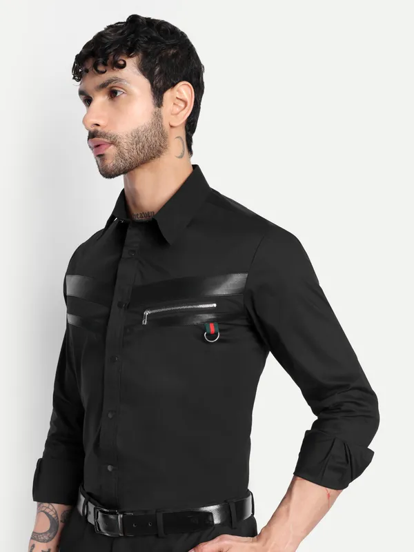 Pier_Seven_Black_Panelled_Shirt_with_Faux-Leather_&_Zipper_Detail__Cotton_Blend_Men's_Slim_Fit_Full_Sleeve_Shirt_-_Black_(PWC010)
