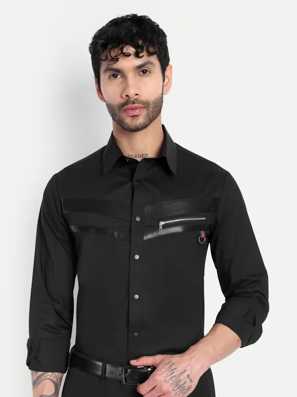 Pier_Seven_Black_Panelled_Shirt_with_Faux-Leather_&_Zipper_Detail__Cotton_Blend_Men's_Slim_Fit_Full_Sleeve_Shirt_-_Black_(PWC010)

