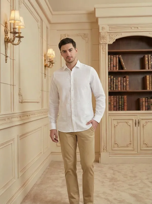 White__Cotton_Self_Design_Shirt_For_Men