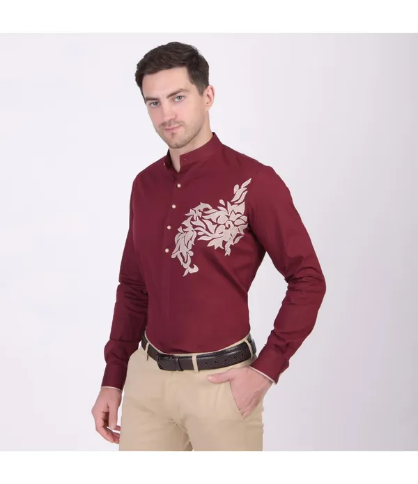 Maroon__Polycotton_Embroidered_Shirt_For_Men