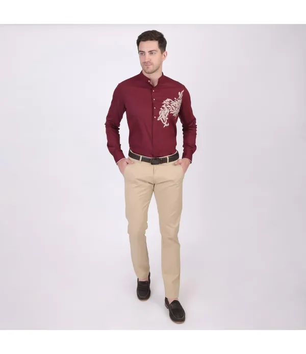Maroon__Polycotton_Embroidered_Shirt_For_Men