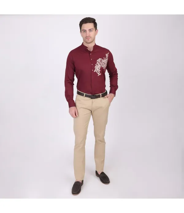 Maroon__Polycotton_Embroidered_Shirt_For_Men