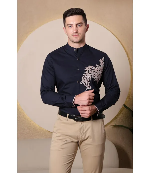 Navy__Polycotton_Embroidered_Shirt_For_Men