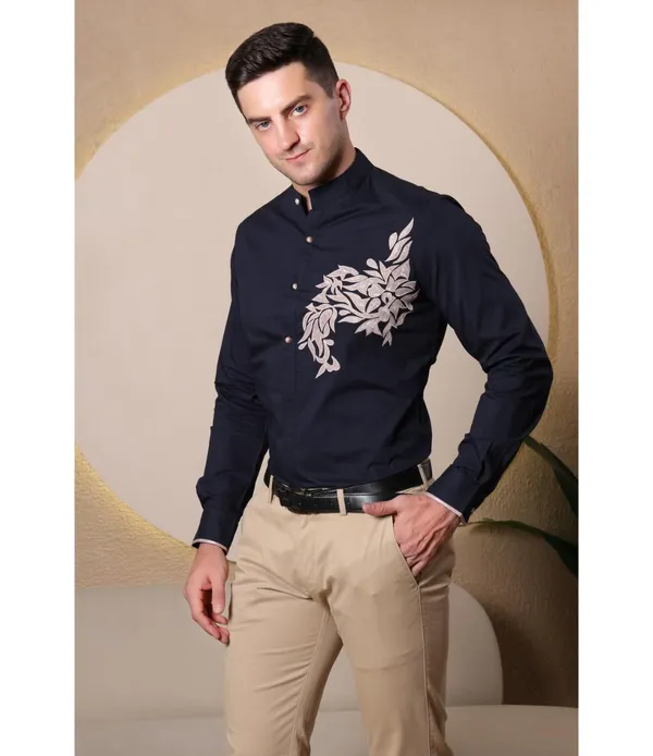 Navy__Polycotton_Embroidered_Shirt_For_Men