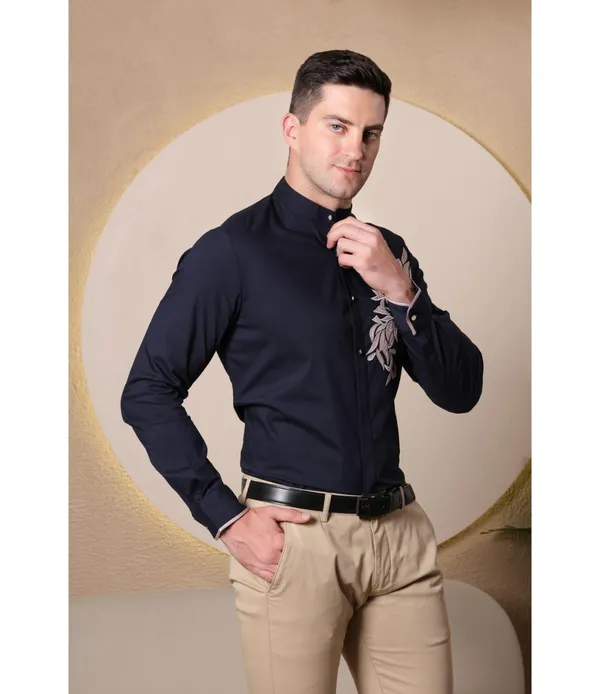 Navy__Polycotton_Embroidered_Shirt_For_Men