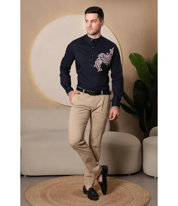 Navy__Polycotton_Embroidered_Shirt_For_Men