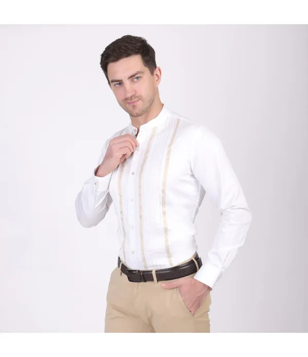 White_Cotton_Blend_Self_Design_Shirt_For_Men