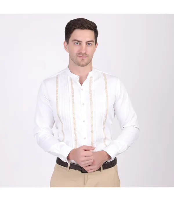 White_Cotton_Blend_Self_Design_Shirt_For_Men