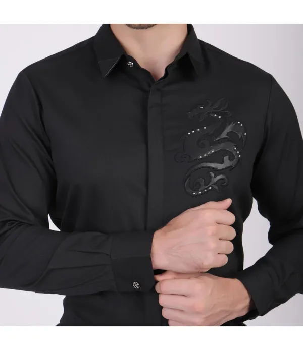 Black__Cotton_Patch_Work_Shirt_For_Men