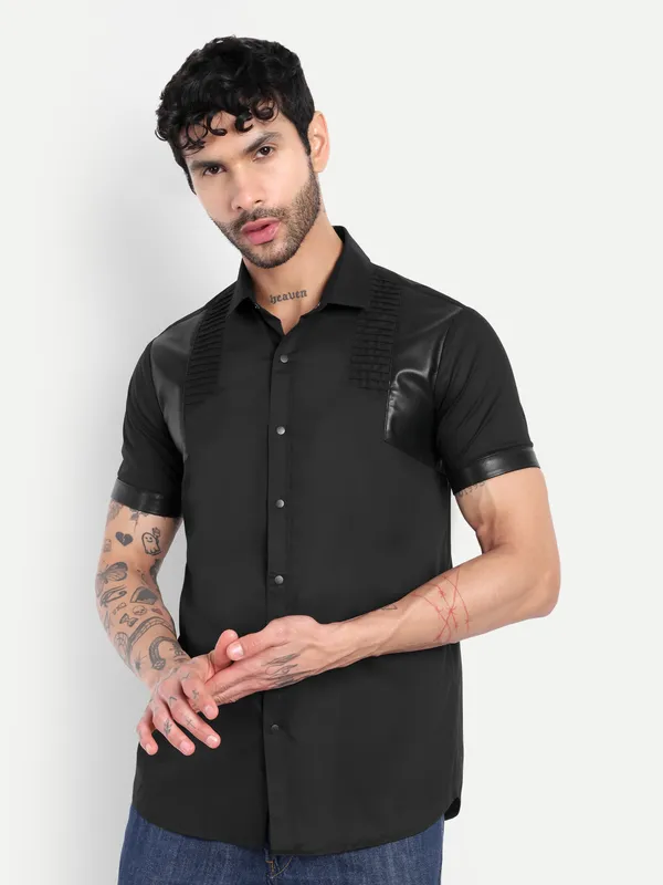 Pier_Seven_Men's_Premium_Black_faux_leather_Panelled_Cotton_Blend_Shirt_-_Slim_Fit_Pintuck_Designer_Wear