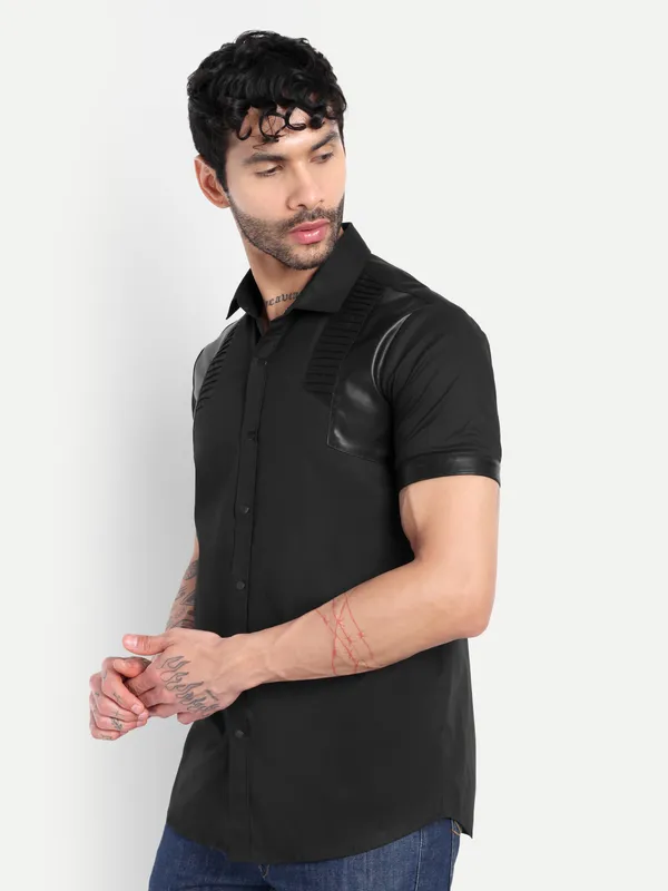 Pier_Seven_Men's_Premium_Black_faux_leather_Panelled_Cotton_Blend_Shirt_-_Slim_Fit_Pintuck_Designer_Wear