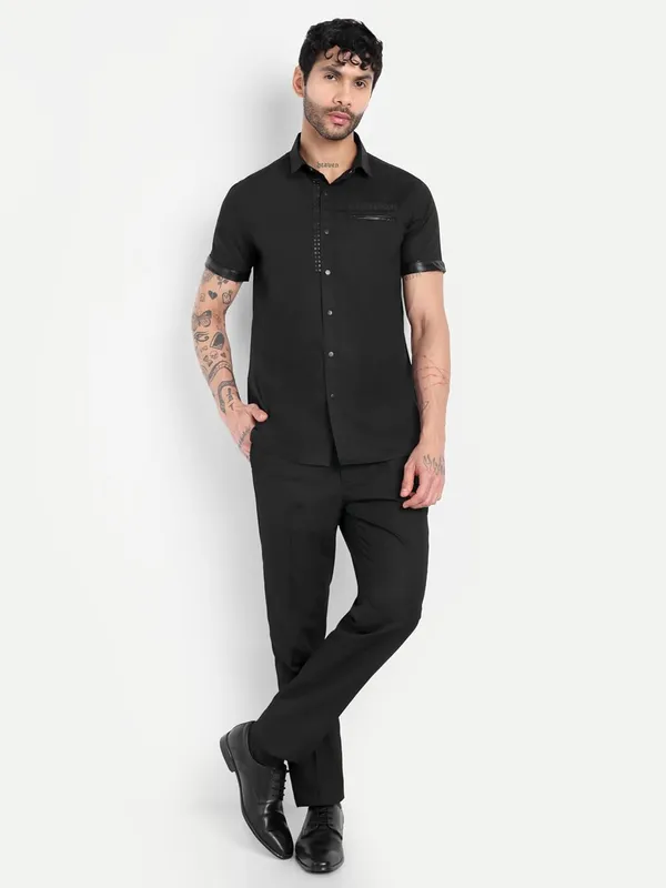 Pier_Seven_Black_Slim_Fit_Short_Sleeve_Shirt_with_Studded_Placket_&_Faux_Leather_Details_-_Black_(PWC014)