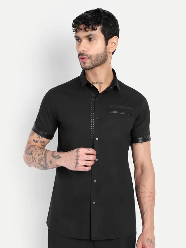 Pier_Seven_Black_Slim_Fit_Short_Sleeve_Shirt_with_Studded_Placket_&_Faux_Leather_Details_-_Black_(PWC014)