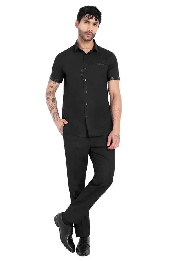 Pier_Seven_Black_Slim_Fit_Short_Sleeve_Shirt_with_Studded_Placket_&_Faux_Leather_Details_-_Black_(PWC014)