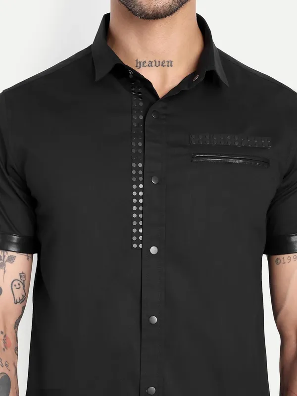 Pier_Seven_Black_Slim_Fit_Short_Sleeve_Shirt_with_Studded_Placket_&_Faux_Leather_Details_-_Black_(PWC014)