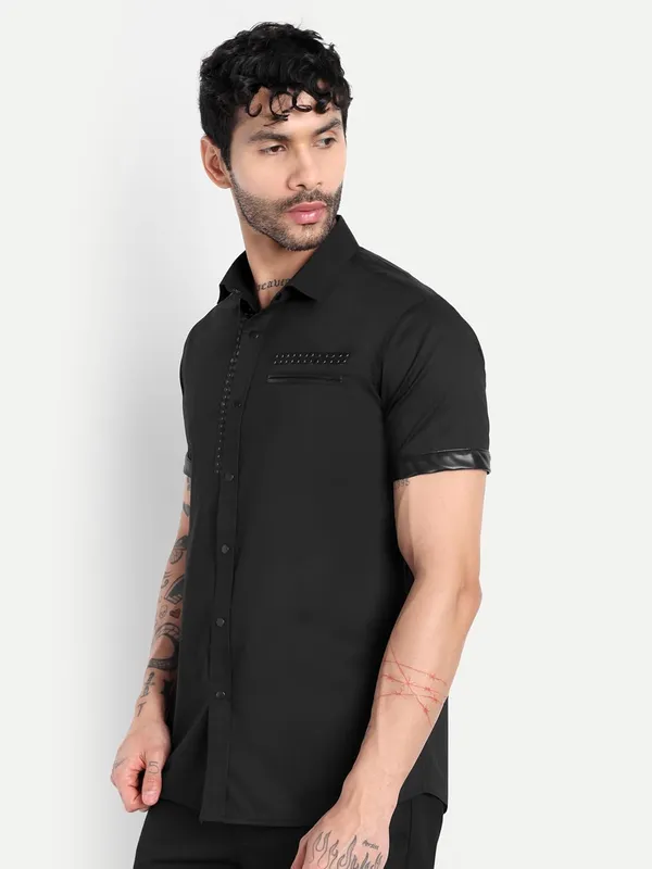 Pier_Seven_Black_Slim_Fit_Short_Sleeve_Shirt_with_Studded_Placket_&_Faux_Leather_Details_-_Black_(PWC014)