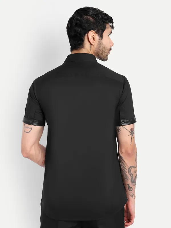 Pier_Seven_Black_Slim_Fit_Short_Sleeve_Shirt_with_Studded_Placket_&_Faux_Leather_Details_-_Black_(PWC014)