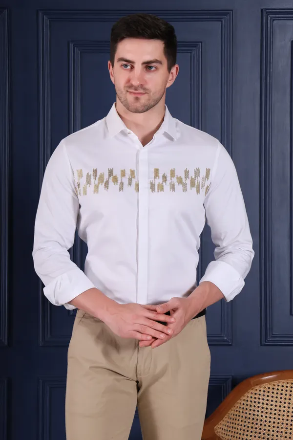 Pier_Seven_Men's_White_Designer_Party_Wear_Cotton_Blend_Shirt_with_Gold_Abstract_Hand_Embroidery