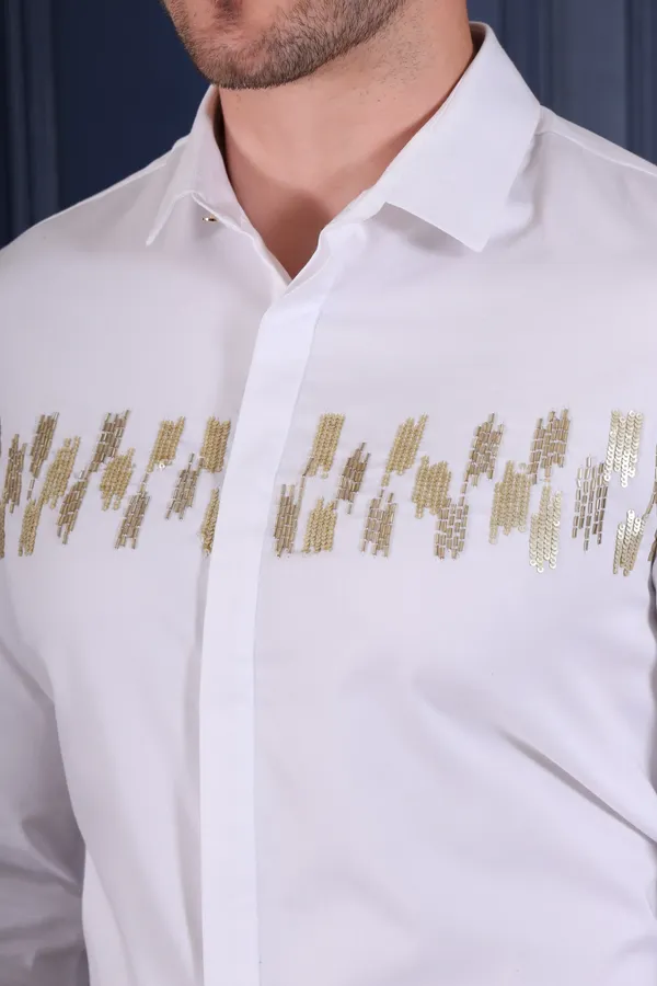 Pier_Seven_Men's_White_Designer_Party_Wear_Cotton_Blend_Shirt_with_Gold_Abstract_Hand_Embroidery