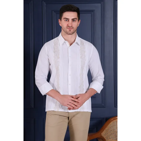 Pier_Seven_Mens_White_Embroidered_Casual_Shirt_|_Premium_Cotton_Linen_Slim_Fit_Full_Sleeve_Shirt