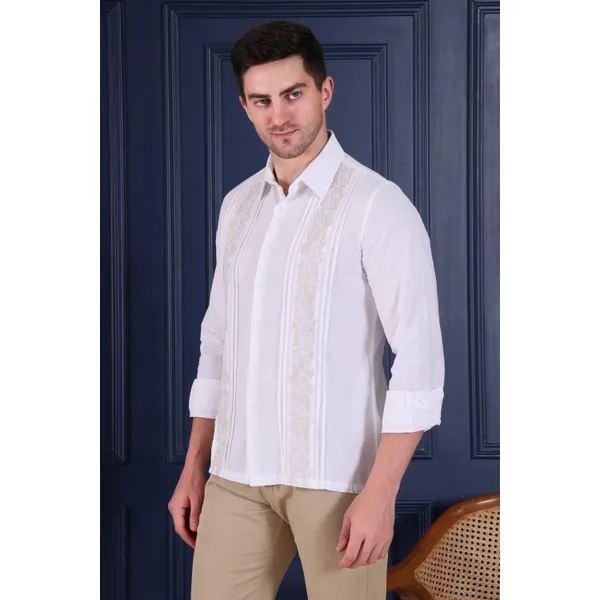 Pier_Seven_Mens_White_Embroidered_Casual_Shirt_|_Premium_Cotton_Linen_Slim_Fit_Full_Sleeve_Shirt