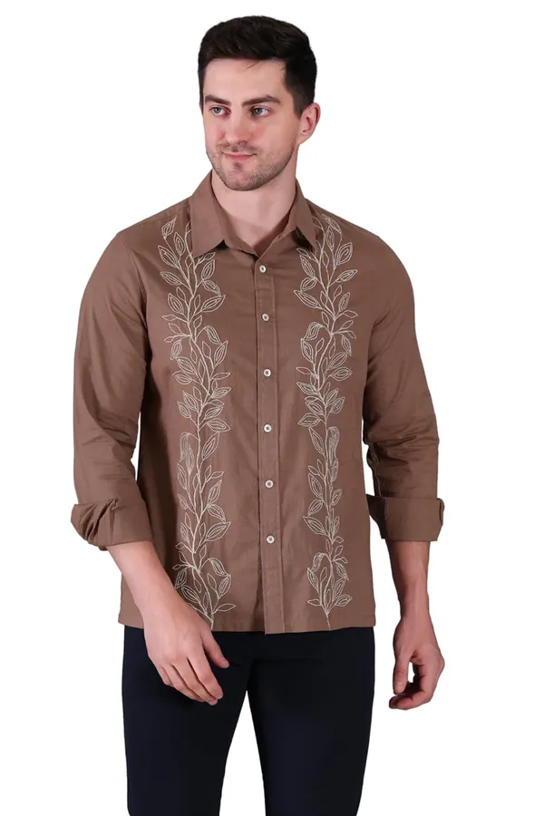 Pier_Seven_Embroidered_100%_Cotton_Men's_Slim_Fit_Full_Sleeve_Shirt_-_Brown_(PWY228)