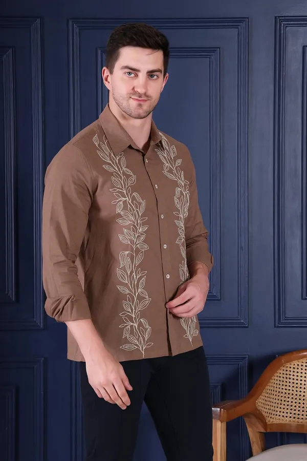 Pier_Seven_Embroidered_100%_Cotton_Men's_Slim_Fit_Full_Sleeve_Shirt_-_Brown_(PWY228)