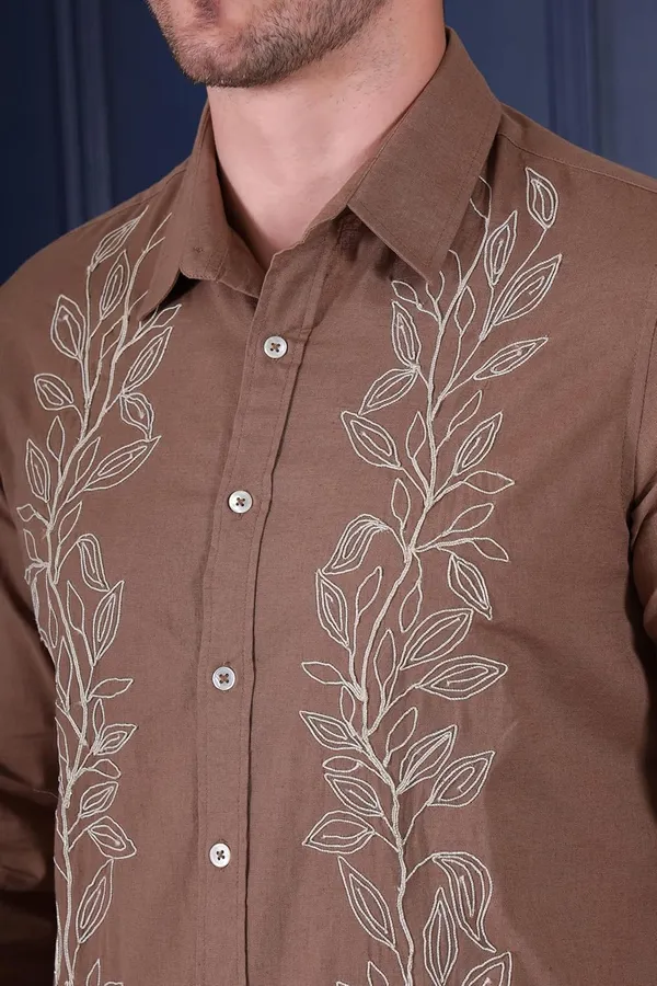 Pier_Seven_Embroidered_100%_Cotton_Men's_Slim_Fit_Full_Sleeve_Shirt_-_Brown_(PWY228)