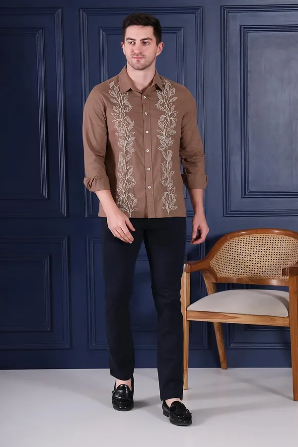 Pier_Seven_Embroidered_100%_Cotton_Men's_Slim_Fit_Full_Sleeve_Shirt_-_Brown_(PWY228)