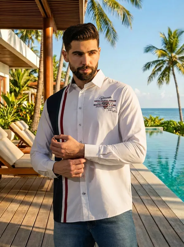 White__Cotton_Color_Block_Shirt_For_Men