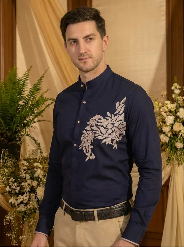 Navy__Polycotton_Embroidered_Shirt_For_Men
