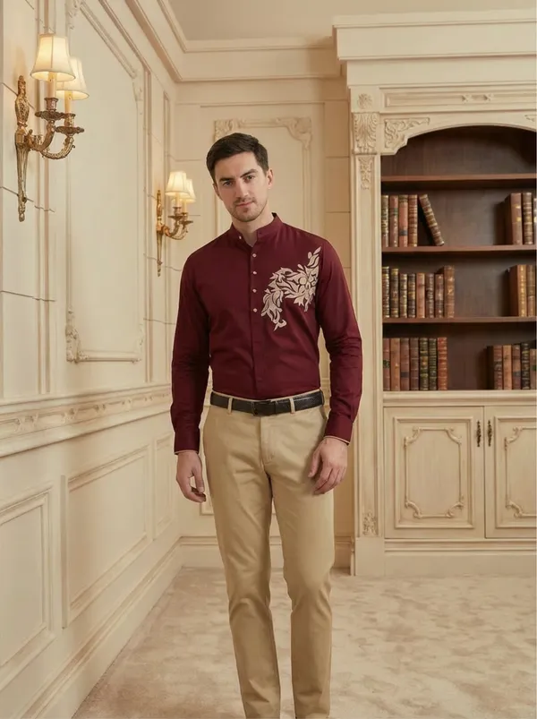 Maroon__Polycotton_Embroidered_Shirt_For_Men
