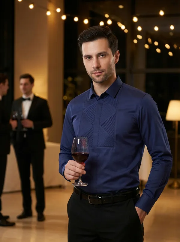 Navy__Cotton_Blend_Self_Design_Shirt_For_Men