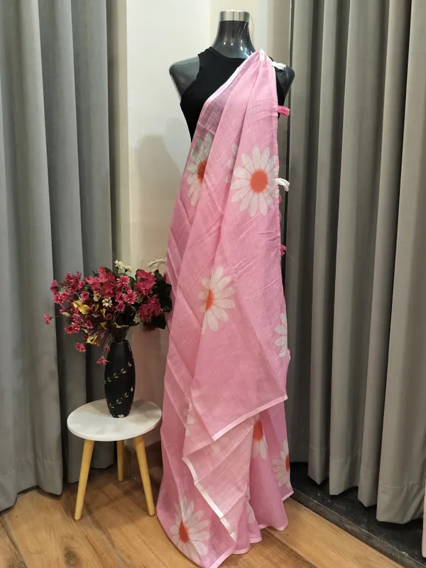 Baby_Pink_Sunflower_Print_Mul_Cotton_Saree_For_Women